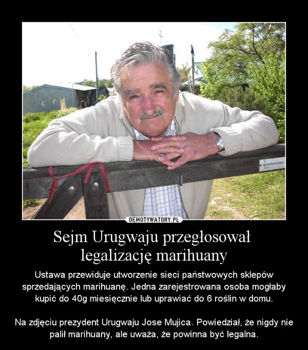Sejm Urugwaju przegłosował legalizację marihuany – Ustawa przewiduje utworzenie sieci państwowych sklepów sprzedających marihuanę. Jedna zarejestrowana osoba mogłaby kupić do 40g miesięcznie lub uprawiać do 6 roślin w domu.Na zdjęciu prezydent Urugwaju Jose Mujica. Powiedział, że nigdy nie palił marihuany, ale uważa, że powinna być legalna. 