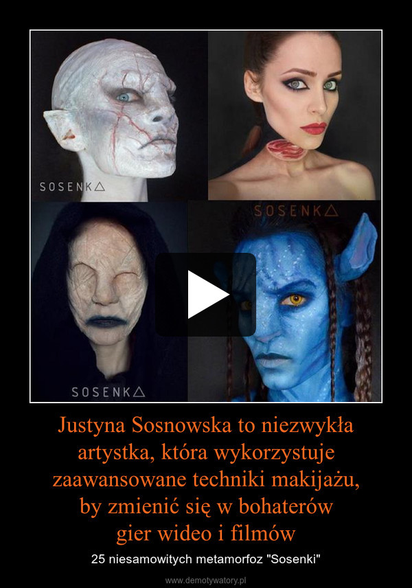 Justyna Sosnowska to niezwykła artystka, która wykorzystuje zaawansowane techniki makijażu,
 by zmienić się w bohaterów 
gier wideo i filmów