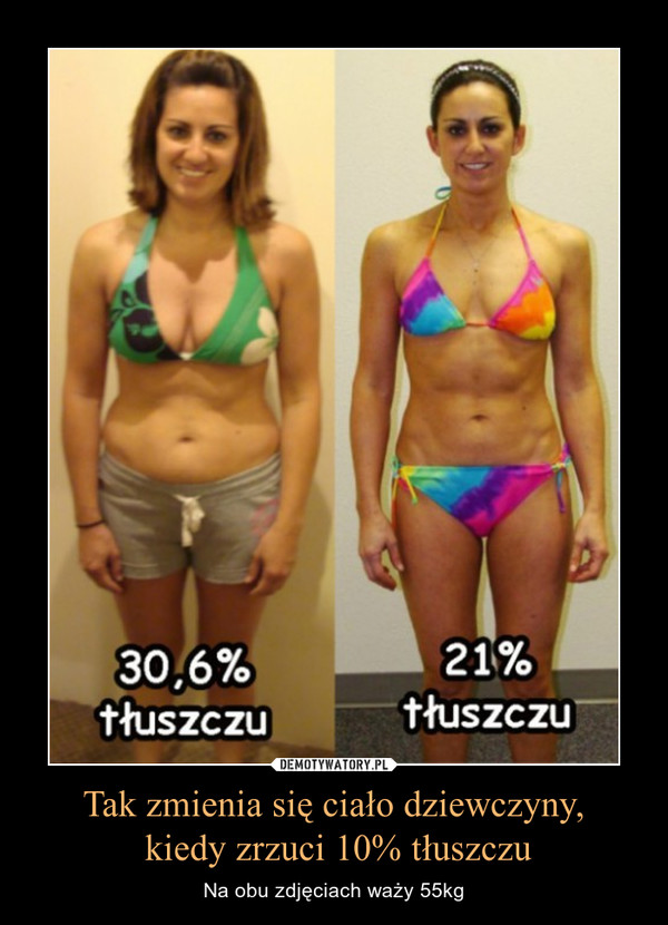 Tak zmienia się ciało dziewczyny, kiedy zrzuci 10% tłuszczu – Na obu zdjęciach waży 55kg 30,6% tłuszczu21% tłuszczu