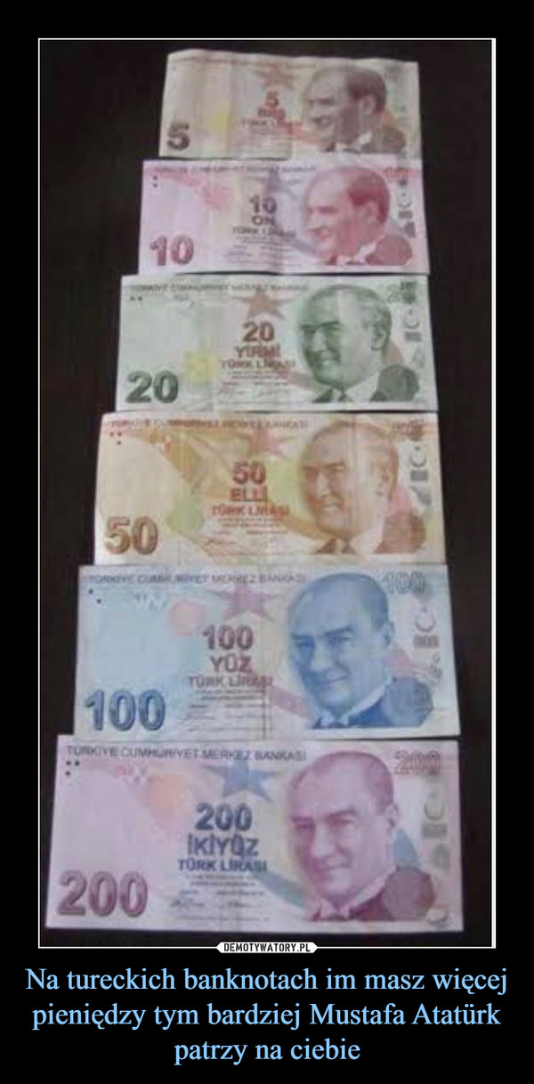 Na tureckich banknotach im masz więcej pieniędzy tym bardziej Mustafa Atatürk patrzy na ciebie