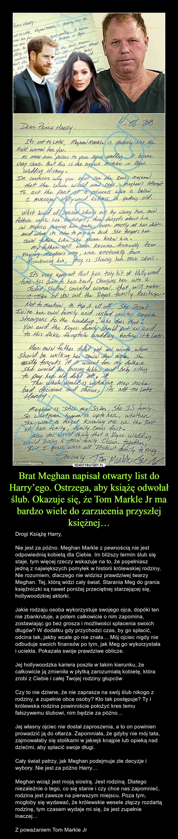 Brat Meghan napisał otwarty list do Harry’ego. Ostrzega, aby książę odwołał ślub. Okazuje się, że Tom Markle Jr ma bardzo wiele do zarzucenia przyszłej księżnej…