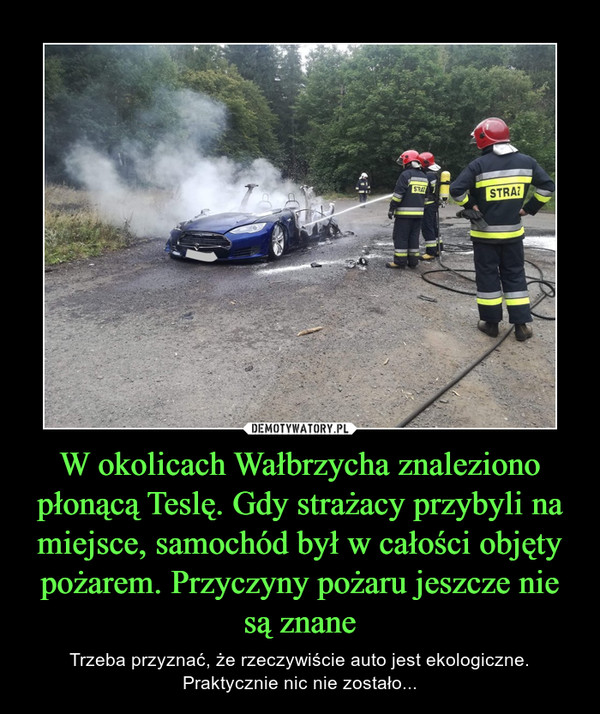 W okolicach Wałbrzycha znaleziono płonącą Teslę. Gdy strażacy przybyli na miejsce, samochód był w całości objęty pożarem. Przyczyny pożaru jeszcze nie są znane – Trzeba przyznać, że rzeczywiście auto jest ekologiczne. Praktycznie nic nie zostało... 