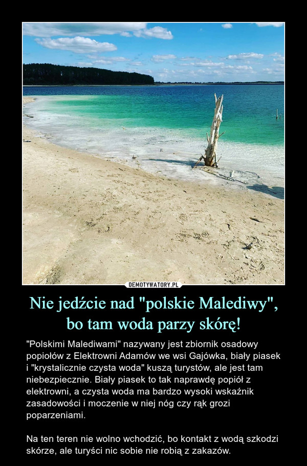 Nie jedźcie nad "polskie Malediwy",bo tam woda parzy skórę! – "Polskimi Malediwami" nazywany jest zbiornik osadowy popiołów z Elektrowni Adamów we wsi Gajówka, biały piasek i "krystalicznie czysta woda" kuszą turystów, ale jest tam niebezpiecznie. Biały piasek to tak naprawdę popiół z elektrowni, a czysta woda ma bardzo wysoki wskaźnik zasadowości i moczenie w niej nóg czy rąk grozi poparzeniami.Na ten teren nie wolno wchodzić, bo kontakt z wodą szkodzi skórze, ale turyści nic sobie nie robią z zakazów. 