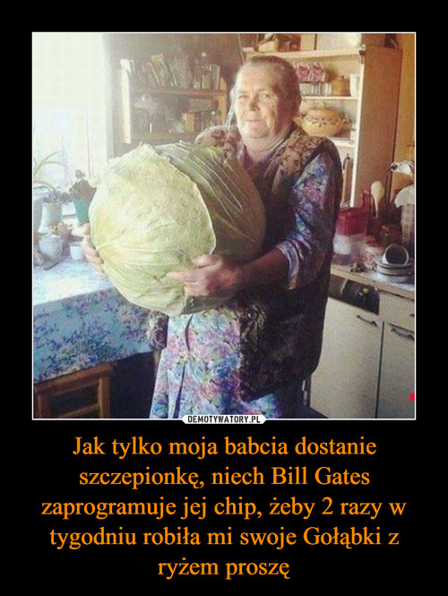 Jak tylko moja babcia dostanie szczepionkę, niech Bill Gates zaprogramuje jej chip, żeby 2 razy w tygodniu robiła mi swoje Gołąbki z ryżem proszę