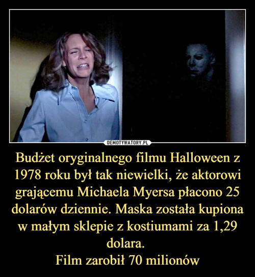 Budżet oryginalnego filmu Halloween z 1978 roku był tak niewielki, że aktorowi grającemu Michaela Myersa płacono 25 dolarów dziennie. Maska została kupiona w małym sklepie z kostiumami za 1,29 dolara. 
Film zarobił 70 milionów
