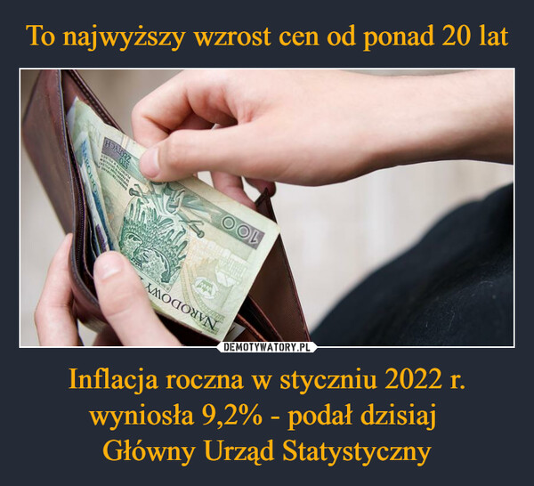 Inflacja roczna w styczniu 2022 r. wyniosła 9,2% - podał dzisiaj Główny Urząd Statystyczny –  