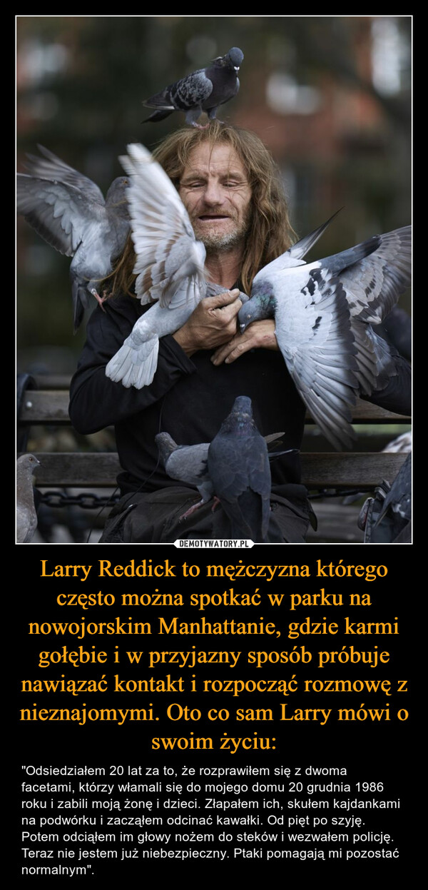 Larry Reddick to mężczyzna którego często można spotkać w parku na nowojorskim Manhattanie, gdzie karmi gołębie i w przyjazny sposób próbuje nawiązać kontakt i rozpocząć rozmowę z nieznajomymi. Oto co sam Larry mówi o swoim życiu: – "Odsiedziałem 20 lat za to, że rozprawiłem się z dwoma facetami, którzy włamali się do mojego domu 20 grudnia 1986 roku i zabili moją żonę i dzieci. Złapałem ich, skułem kajdankami na podwórku i zacząłem odcinać kawałki. Od pięt po szyję. Potem odciąłem im głowy nożem do steków i wezwałem policję. Teraz nie jestem już niebezpieczny. Ptaki pomagają mi pozostać normalnym". 