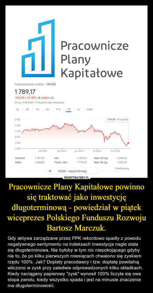 Pracownicze Plany Kapitałowe powinno się traktować jako inwestycję długoterminową - powiedział w piątek wiceprezes Polskiego Funduszu Rozwoju Bartosz Marczuk.