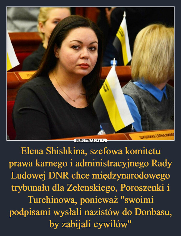 Elena Shishkina, szefowa komitetu prawa karnego i administracyjnego Rady Ludowej DNR chce międzynarodowego trybunału dla Zełenskiego, Poroszenki i Turchinowa, ponieważ "swoimi podpisami wysłali nazistów do Donbasu, by zabijali cywilów" –  