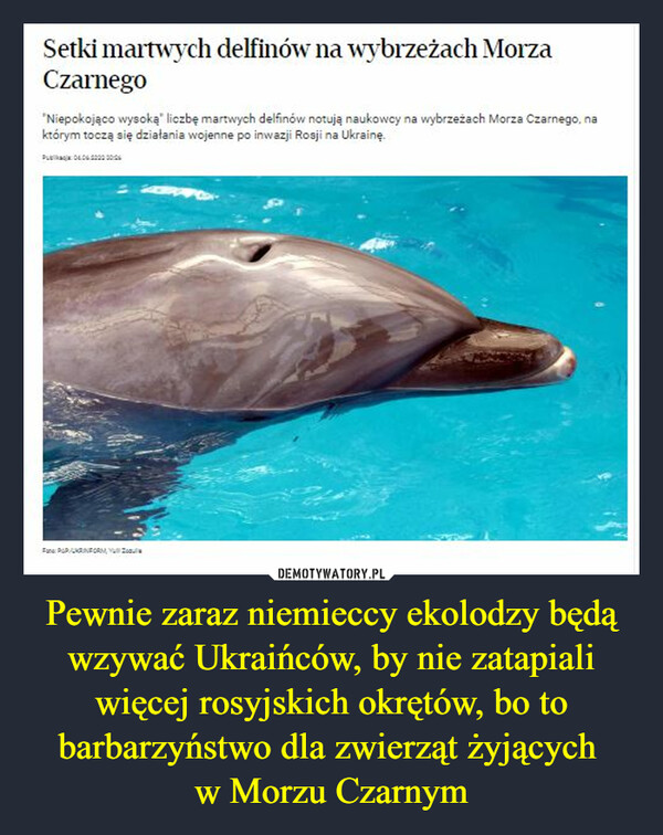 Pewnie zaraz niemieccy ekolodzy będą wzywać Ukraińców, by nie zatapiali więcej rosyjskich okrętów, bo to barbarzyństwo dla zwierząt żyjących w Morzu Czarnym –  Setki martwych delfinów na wybrzeżach Morza Czarnego"Niepokojąco wysoką" liczbę martwych delfinów notują naukowcy na wybrzeżach Morza Czarnego, na którym toczą się działania wojenne po inwazji Rosji na Ukrainę.