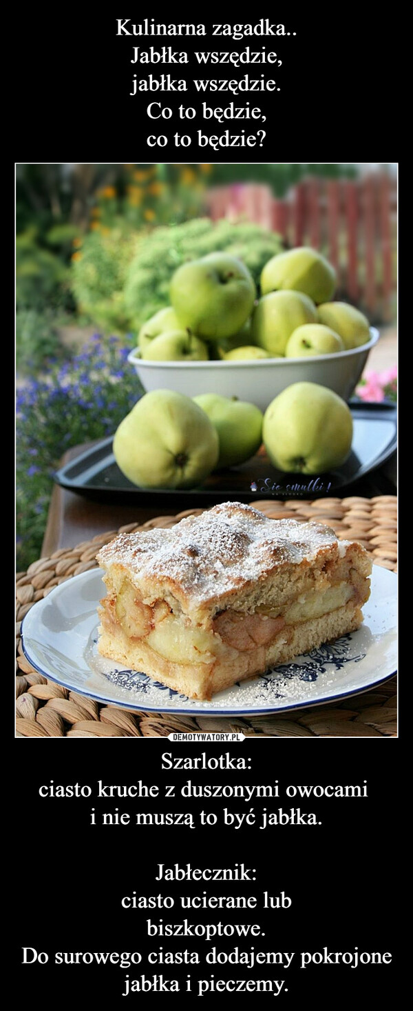 Szarlotka:ciasto kruche z duszonymi owocami i nie muszą to być jabłka.Jabłecznik:ciasto ucierane lubbiszkoptowe.Do surowego ciasta dodajemy pokrojone jabłka i pieczemy. –  